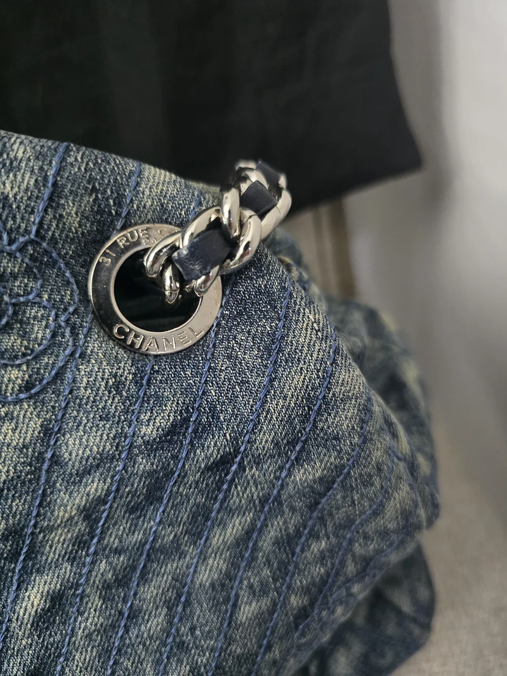 AUTHENTIC Chanel Blue Denim Camellia Just Mademoiselle Bowler Bag